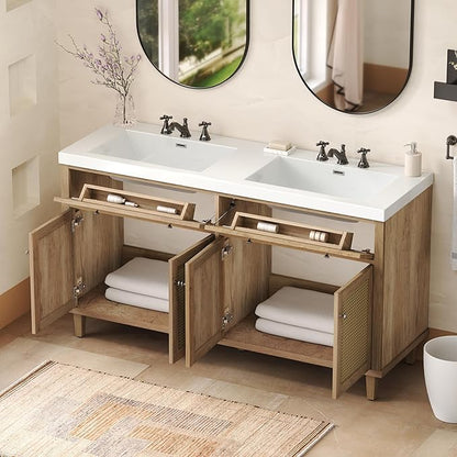 60 Inch Bathroom Vanity with Double Sink,Wood Color Doule Sink Vanity with 2 Tip-Out Trays & 4 Soft Closing Doors,Large Storage Space,Silver Knobs,Solid Wood Legs,Woven Rattan Doors Front