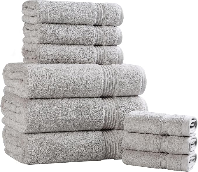 SUPERIOR Egyptian Cotton 9-Piece Towel Set, Assorted Towels for Home Bathroom, Guest Bath Decor Essentials, Includes 3 Bath, 3 Hand, 3 Face Towels/Washcloths, Quick Dry, Absorbent - Silver