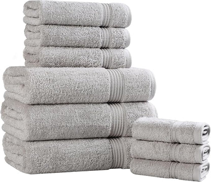 SUPERIOR Egyptian Cotton 9-Piece Towel Set, Assorted Towels for Home Bathroom, Guest Bath Decor Essentials, Includes 3 Bath, 3 Hand, 3 Face Towels/Washcloths, Quick Dry, Absorbent - Silver