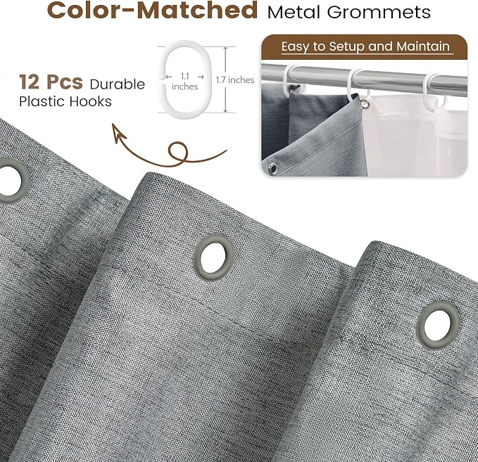 BTTN 72x78 Long 3 in 1 Linen Texture Shower Curtain with Liner, Grey/Gray | Tall Size, 230GSM Heavy Duty Polyester, Waterproof Clear Liner, Weighted Hem, 12 Plastic Hooks, Hotel Style, Machine Washable