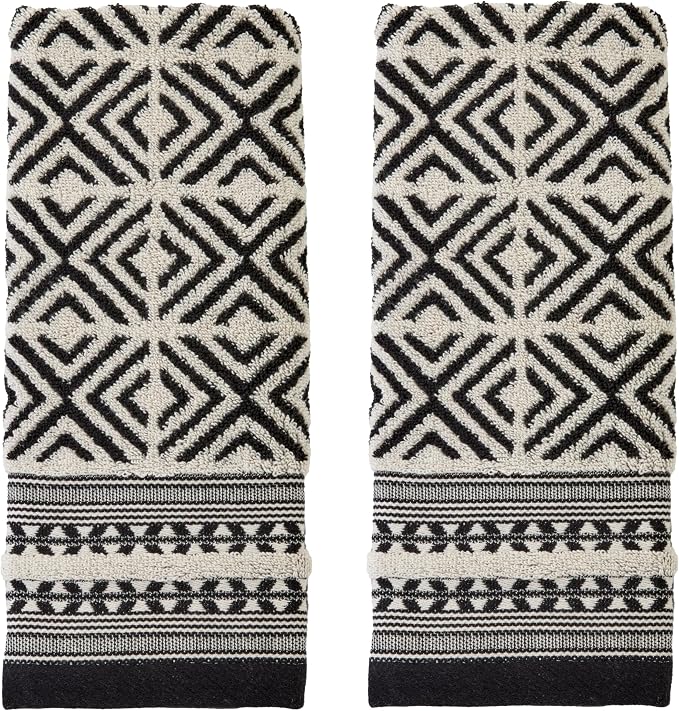 SKL Home Diamond Grid Hand Towel Set-2pc, Premium 100% Cotton, Black | 600 GSM weight. Spa-level quality. Soft & absorbent, reversible jacquard. For the bathroom, kitchen, bar or any sink space.