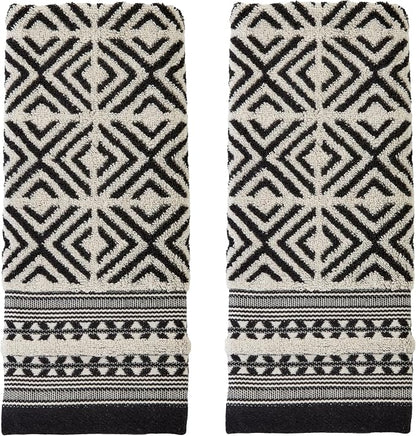 SKL Home Diamond Grid Hand Towel Set-2pc, Premium 100% Cotton, Black | 600 GSM weight. Spa-level quality. Soft & absorbent, reversible jacquard. For the bathroom, kitchen, bar or any sink space.