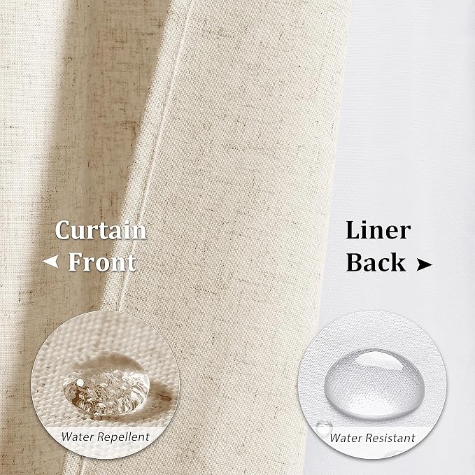 Extra Long Linen Shower Curtain 84 Inch Birch Beige Double Layer | 7ft,Curtains with Hook for Bathroom, Snap in Liner, Water Repellent, Boho Farmhouse, Modern Bath Decor, 1 Panel, 72x84