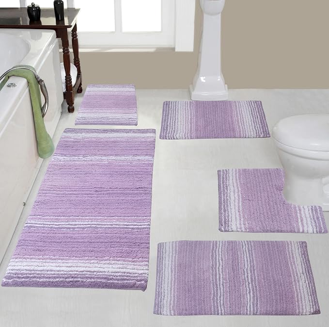Home Weavers 100% Cotton Gradiation Collection Bathroom Décor | Washable Rug | Bathroom Mat | Kitchen Mat | Bathroom Rug Set | Bath Mat Set | Bath Floor Mat Non Slip, 5 Piece Set with Contour, Purple