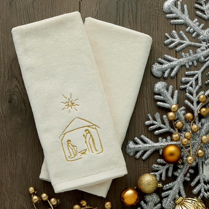 SKL Home Religious/Christmas Nativity Hand Towel Set-2pc, Natural | 100% Cotton. Soft, embroidered velour. Great for the bathroom, kitchen or bar & holiday gifting.