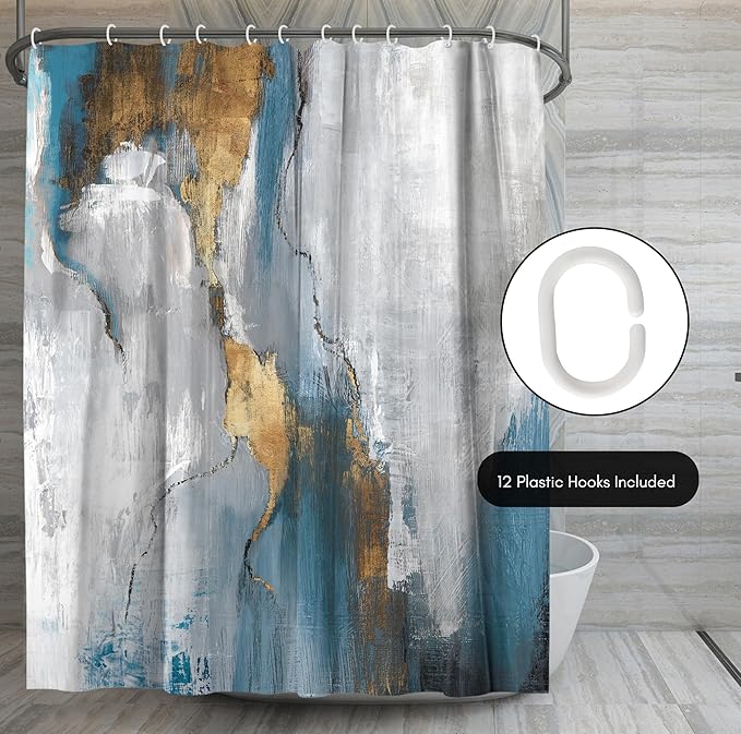 Americanflat 71x74 Marbled Texture Shower Curtain - Water-Resistant Long Shower Curtain with Durable Metal Grommets and 12 Hooks - 100% Polyester - Slate Blue, Warm Gold, Grey and White
