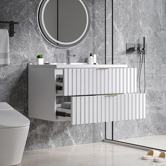 ONBRILL 30 Inch Bathroom Vanity with Sink Combo, Floating Bathroom Vanity with 2 Fluted Drawers & Metal Handle, Modern Wall Mount Storage Cabinet with Ceramic Integrated Sink for Small Space (White)