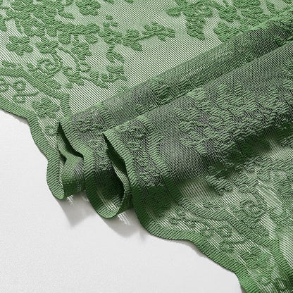 Green Lace Shower Curtain 72x84, 84 Inches Long with Attached Valance | Scalloped Trim, Floral Lace Fabric, Sheer Shower Curtain for Vintage Cottagecore Tall Bathrooms, Machine Wash