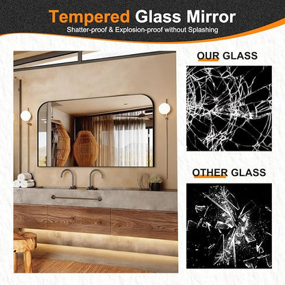 30"x50" Black Metal Framed Bathroom Mirror for Over Sink | Rounded rectangle shape. Shatterproof HD glass, all mounting hardware for bathroom, bedroom, entryway.