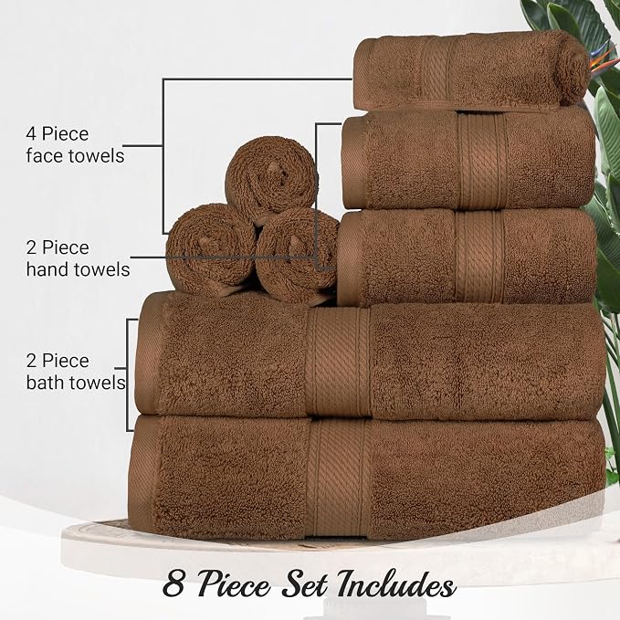 SUPERIOR Egyptian Cotton Ultra Plush & Absorbent, 8 Piece Set, Chocolate | Quick Dry, Soft Luxury Towel Set, Bath Essentials, Guest Bath, Spa, 2 Bath, 2 Hand, 4 Face Towels, Madeline Towels