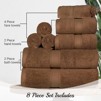 SUPERIOR Egyptian Cotton Ultra Plush & Absorbent, 8 Piece Set, Chocolate | Quick Dry, Soft Luxury Towel Set, Bath Essentials, Guest Bath, Spa, 2 Bath, 2 Hand, 4 Face Towels, Madeline Towels