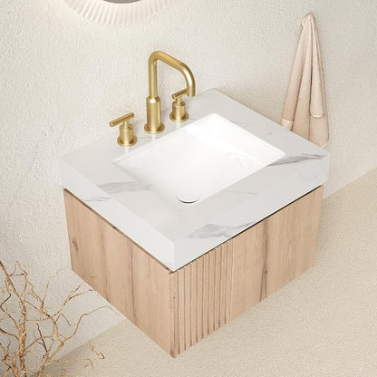 KEIKI 24 Inch Floating Bathroom Vanity with Sink, White Oak & White | Modern Wall Mounted Storage Cabinet with 2 Doors, Pre-assembled Wood Panels, Sintered Stone Top & Ceramic Basin Combo Set