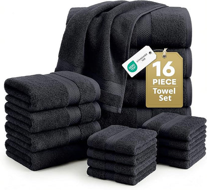LANE LINEN Bath Towel Set Quick Dry 100% Cotton 16 Piece Soft - Black | Cotton Bath Towels - Classic Terry Weave, Densely Woven & Durable, Easy-Care, Coordinated Colors