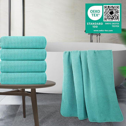 POLYTE 430 GSM Poly Blend Microfiber Quick Dry Waffle Bath Towel, 30x60 in | 4 Pack, Oversize, Lint Free, Body Towel