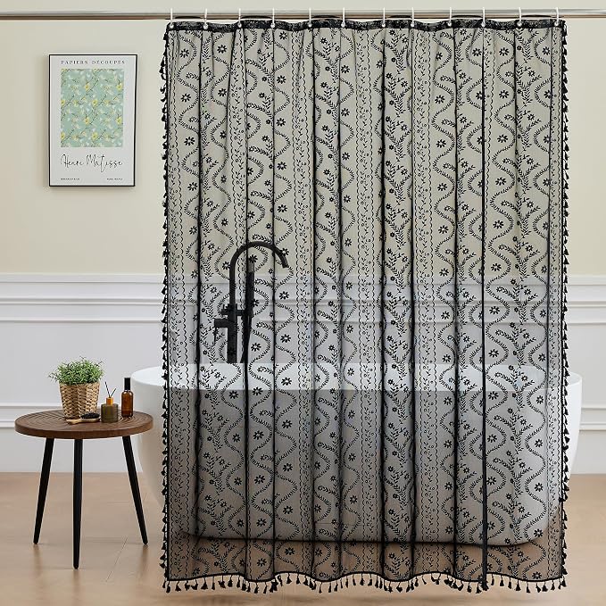 WAZZIO Black Lace Shower Curtain - Vintage Pretty Floral Sheer Shower Curtains Goth, Decorative Tassel Bath Curtains for Bathroom, 72 x 84 Inch, 1 Panel