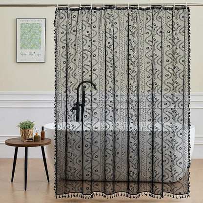WAZZIO Black Lace Shower Curtain - Vintage Pretty Floral Sheer Shower Curtains Goth, Decorative Tassel Bath Curtains for Bathroom, 72 x 72 Inch, 1 Panel