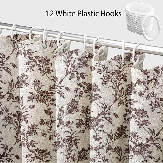 WOUVMA Extra Long Brown Shower Curtain Floral Cotton Linen Cottagecore Shower Curtain for Bathroom 90" L x 72" W