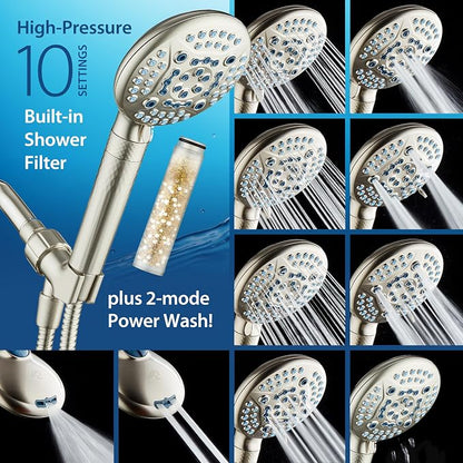 AquaCare 4X 10-Mode High Pressure Hand Shower w/Filter & 2-mode Power Wash | Filters Chlorine & Toxins, Softens Hard Water for Healthy Skin & Hair. Handheld Power Head Cleans Tub, Tile & Pets / Nickel