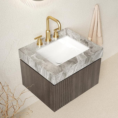 KEIKI 24 Inch Floating Bathroom Vanity with Sink, Espresso & Grey | Modern Wall Mounted Storage Cabinet with 2 Doors, Pre-assembled Wood Panels, Sintered Stone Top & Ceramic Basin Combo Set