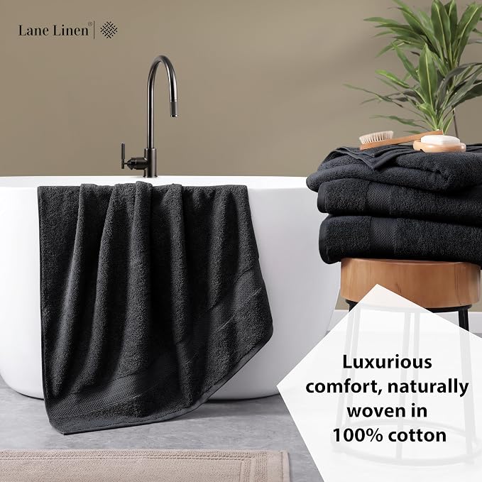 LANE LINEN Bath Towel Set Absorbent Quick Dry 100% Cotton 4 Piece - Black | Towel Sets For College Dorm - OEKO-TEX Certified, Ring-Spun Durability, Ring-Spun Cotton, Terry Weave Comfort, Densely Woven