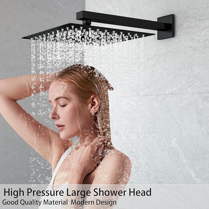Shower Faucet Set 10 Inch Rain Shower Head High Pressure Handheld Shower,Wall Mounted Bathroom Shower System with Tub Spout and Rough-in Valve Trim kit,Matt Black | Safe Pressure Balance Valve Bathroom Shower Faucet Set with Handheld, All-Metal Water S...