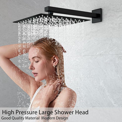 Matt Black Shower Faucet Set with Handheld, 10 inch | Air Injection High Pressure Bathroom Shower System, Solid Metal Wall Mount Anti-Scald Water Saving Rainfall Shower Set Combo