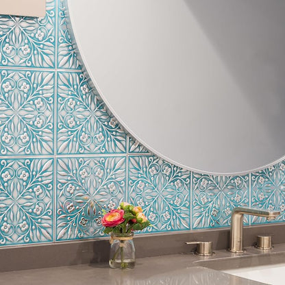 Peel and Stick Metal Tiles, Teal & Silver Leaves, 10-Pack | 8 x 8 in tile size; Covers up to 4.44 sq ft; Aluminum; Water-resistant surface; For kitchens, ceilings, DIY projects