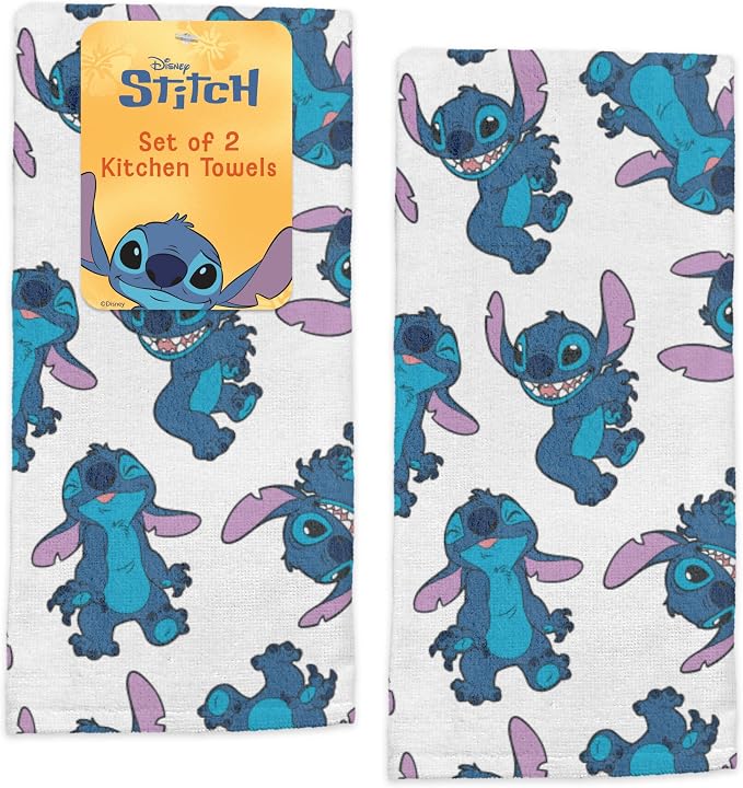 Disney Stitch Cotton Kitchen Towels, 2-Pack 16"x26", Absorbent | Durable, colorfast dish towels resist fraying, machine washable, dries dishes, hangs on oven handles, great for gifting