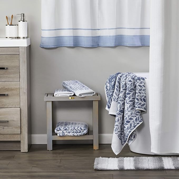 SKL Home Distressed Leaves Hand Towel Set-2pc, Turkish Cotton, Denim Blue | 600 GSM weight. Spa-level quality. Soft & absorbent, reversible jacquard. For the bathroom, kitchen, bar or any sink space.