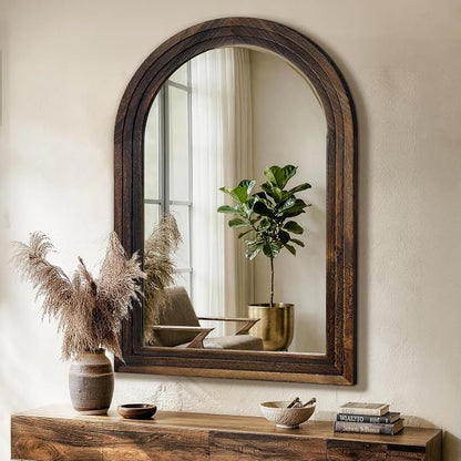 Arched Bathroom Mirror, 40"x28" Brown Wood Frame Wall Mirror | Farmhouse Vintage Vanity Mirror with Layered Frame for Entryway, Living Room, Bedroom