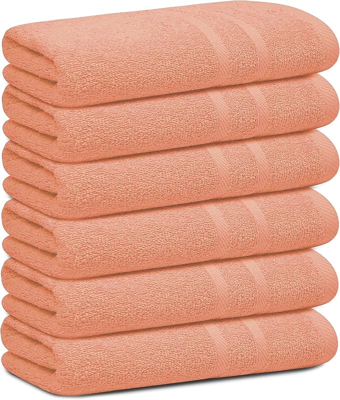 Looperry 6 Pack Small Bath Towel Set - 100% Cotton 23x46 Shower Towels in 450 GSM. Lightweight & Absorbent Quick Dry Gym Towel for Showering, Pet Drying, Spas & Salons. Terry Ringspun Towels (Peach)