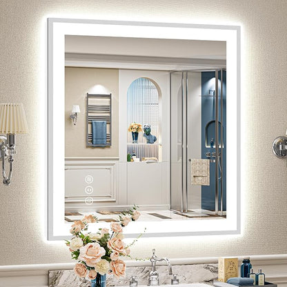 32x36 Inch Brushed Nickel LED Bathroom Mirror, Backlit & Front Lit | Silver Framed Anti-Fog Lighted Vanity Mirror with Lights, 3 Color Dimmable, Memory, HD Tempered Glass, CRI95, IP54, UL Listed