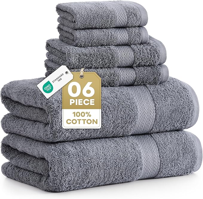 LANE LINEN Towel Set for Bathroom Soft Absorbent Quick Dry - Cool Grey | Set Of Towels - Dobby Border Accent, OEKO-TEX Certified, Ring-Spun Durability, Ring-Spun Cotton, Terry Weave Comfort
