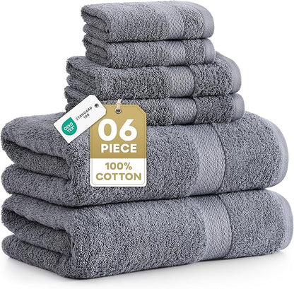 LANE LINEN Towel Set for Bathroom Soft Absorbent Quick Dry - Cool Grey | Set Of Towels - Dobby Border Accent, OEKO-TEX Certified, Ring-Spun Durability, Ring-Spun Cotton, Terry Weave Comfort