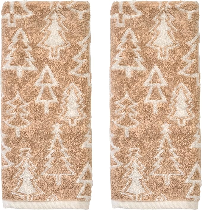 SKL Home Christmas/Winter Mod Tree Hand Towel Set-2pc, 100% Cotton, Tan | 500 GSM. Soft & absorbent. Reversible jacquard pattern. Great for the bathroom, kitchen or bar & holiday gift.
