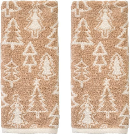 SKL Home Christmas/Winter Mod Tree Hand Towel Set-2pc, 100% Cotton, Tan | 500 GSM. Soft & absorbent. Reversible jacquard pattern. Great for the bathroom, kitchen or bar & holiday gift.