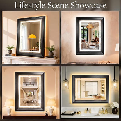 ROLOVE 24x35 Inch Antique Rectangle Wall Mirror with Lights, Ornate Waterproof Frame, Vintage Mirror for Over Sink with Anti-Fog, Plug-in/Hardwired, Shatterproof Glass, Baroque Mirror for Wall Decor