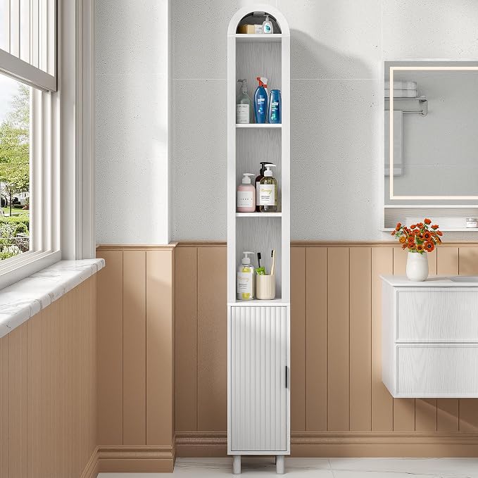 Narrow Bathroom Storage Cabinet, Tall Arched Small Wood Cabinet, Slim | Mid Century Modern White Towel Cabinet, Fluted Doors, 4 Tier Shelves, Wooden Display Cabinet for Living Dining Room, Skinny