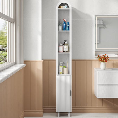 Narrow Bathroom Storage Cabinet, Tall Arched Small Wood Cabinet, Slim | Mid Century Modern White Towel Cabinet, Fluted Doors, 4 Tier Shelves, Wooden Display Cabinet for Living Dining Room, Skinny