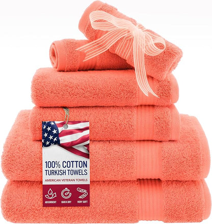 American Veteran Towel, 6 Piece Towel Set for Bathroom, 100% Cotton Turkish Bathroom Towels, 2 Bath Towels 2 Hand Towels 2 Washcloths, Coral