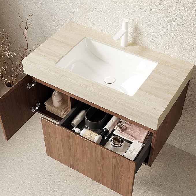 Ambrovina 36" Floating Bathroom Vanity with Sink, Modern Plywood Bathroom Storage Cabinet with Drawer and Door, Roma Travertine-Pattern Countertop, White Ceramic Basin, Pre-Assembled, Dark Oak