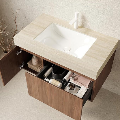Ambrovina 36" Floating Bathroom Vanity with Sink, Modern Plywood Bathroom Storage Cabinet with Drawer and Door, Roma Travertine-Pattern Countertop, White Ceramic Basin, Pre-Assembled, Dark Oak