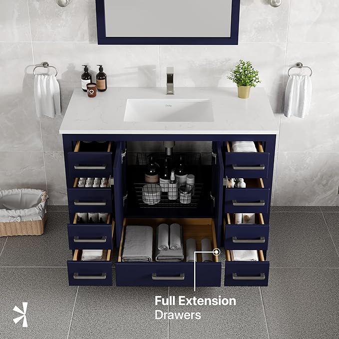 Eviva London 42 in. Blue Single Sink Bath Vanity with Carrara Quartz Top and Undermount Porcelain Sink