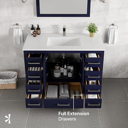 Eviva London 42 in. Blue Single Sink Bath Vanity with Carrara Quartz Top and Undermount Porcelain Sink