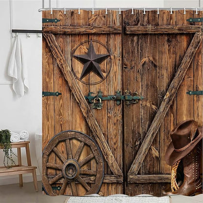 Texas Star Western Barn Door Shower Curtain Sets for Bathroom,Cowboy Hat Boots Wheel Decor Curtain, Vintage Rustic Wooden Board Farmhouse Bath Curtain with Hooks 60X70IN