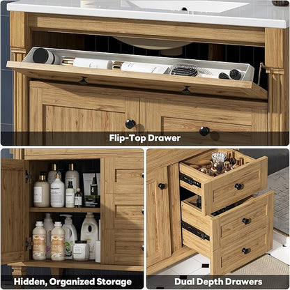 LIKIMIO 36 Inch Bathroom Vanity with Sink, Towel Holder & Adjustable Solid Wood Legs for Uneven Floor, Modern Bathroom Storage Cabinet with Tip-Out Drawer, 2 Drawers & Adjustable Shelf, Nature