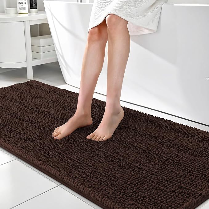 OLANLY Thick Bathroom Runner Rugs 70x24, Chenille Long Bath Rugs, Brown | Soft Absorbent Striped, Rubber Backing, Machine Wash, Bath Mats for Bathroom Floor, Tub and Shower, Home Decor Accessories