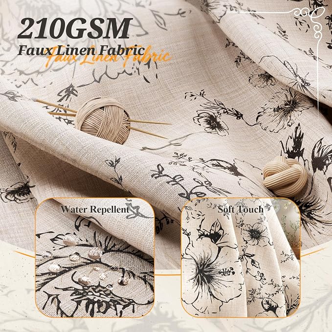 Vintage Black Floral Shower Curtain with 12 Clear Rings - 72" W x 72" L | Farmhouse Fabric Faux Linen Shower Curtain Set, French Country Cottagecore Style Shower Curtain for Bathroom