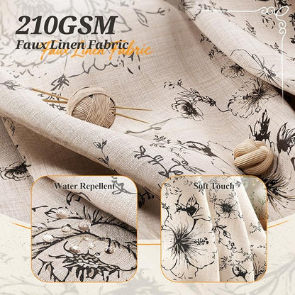 Vintage Black Floral Shower Curtain with 12 Clear Rings - 72" W x 84" L | Farmhouse Fabric Faux Linen Shower Curtain Set, French Country Cottagecore Style Shower Curtain for Bathroom