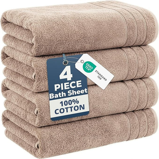 Casa Platino 100% Cotton Bath Sheets Set of 4 (36"x72") - Ring Spun Cotton Extra Large Bath Towels Sets - Quick Dry, Soft & Absorbent Oversized Shower Towel Sets - Sustainabaly Produced - Tan Brown